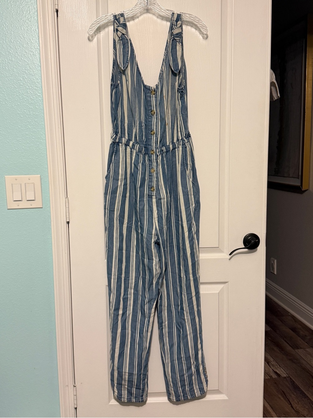 Velvet Heart Blue and White Striped Tie-Shoulder Jumpsuit